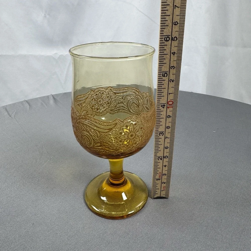 Vintage Libbey Floral Amber Glass Embossed Water Goblet‎  Boho